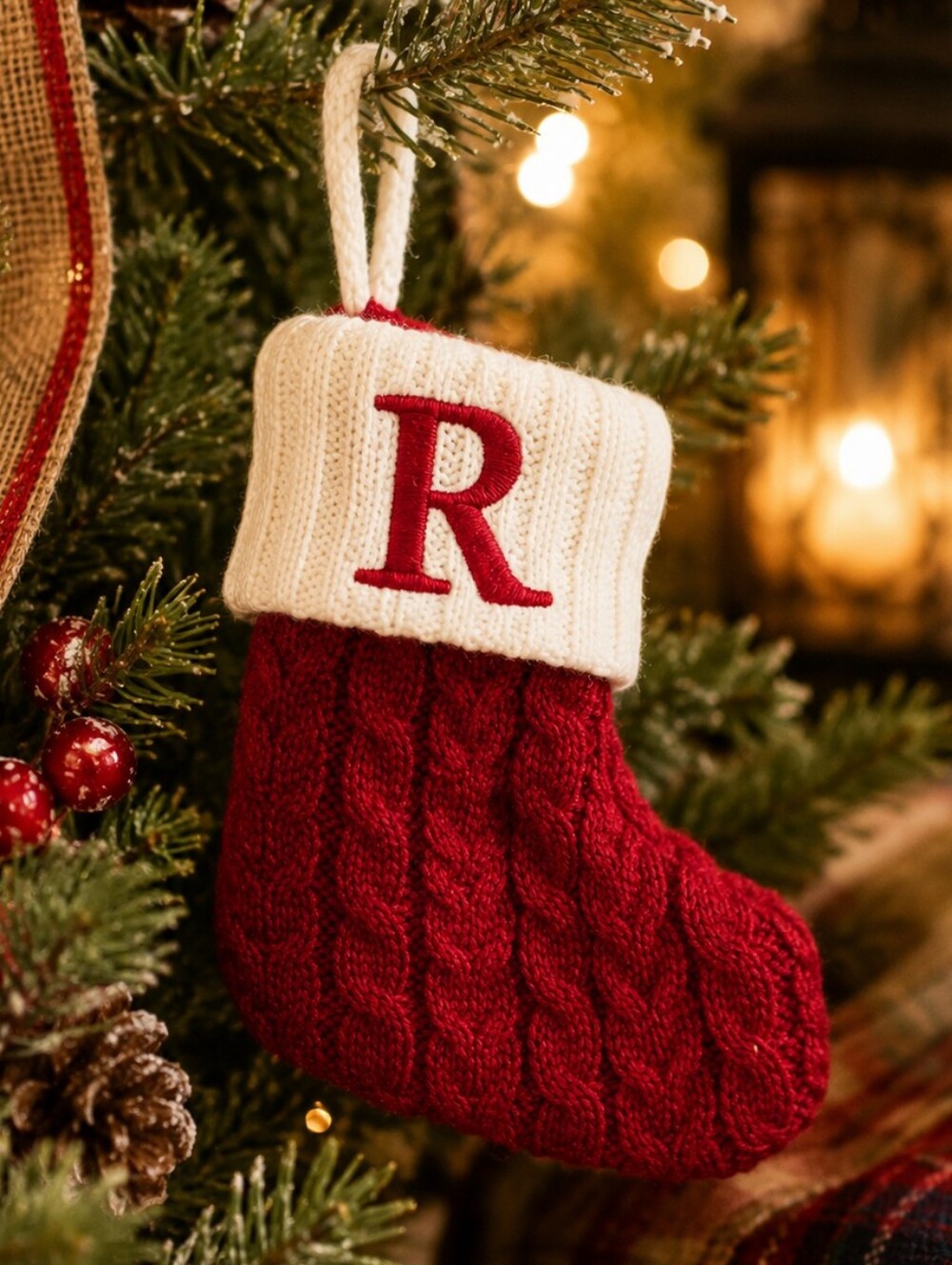 St. Nicholas Square Monogram Red Knit Christmas Stocking Ornament Letter R